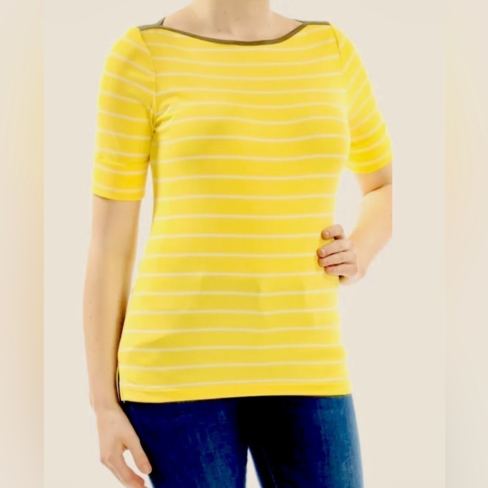 Lauren Ralph Lauren Boatneck Cuffed Sleeve T-Shirt Yellow Striped M